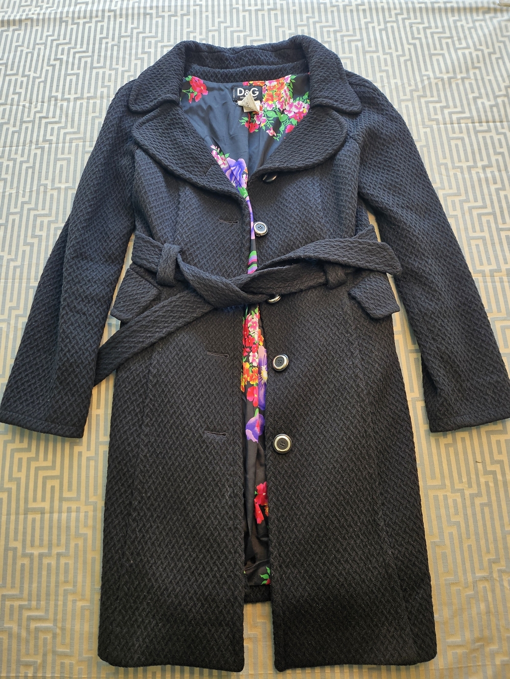 Vintage D&G Dolce & Gabbana Black Textured Wool Blend Belted Coat Floral IT 42 - Picture 2 of 8
